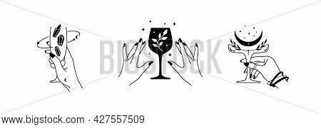 Elegant Female Hands Holding Glasses With Mystical Elements. Esoteric Spiritual Symbols. Vector Cele