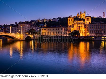 Niight view in Lyon city, France