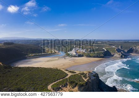 Beautiful Seascape And Landscape From Ocean And River Of Odeceixe Beach Village In The South Of Port
