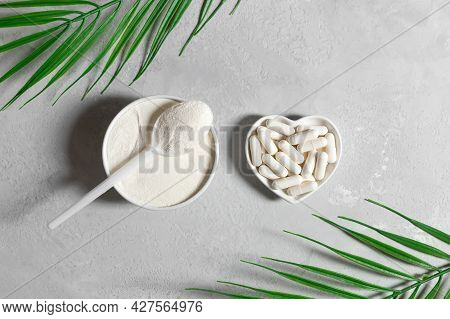 Collagen On A Gray Background With Palm Leaves. Collagen Powder And Pills. Fish Or Plant Based Suppl
