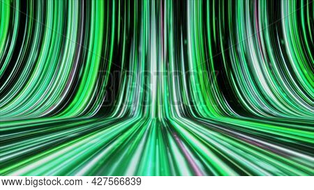 Striped Creative Curved Texture Of A Cyber Space. Animation. Technology Pattern With Bright Long Gre