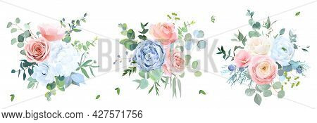 Dusty Blue, Peachy Blush Rose, White Hydrangea, Ranunculus, Wedding Flowers, Greenery And Eucalyptus