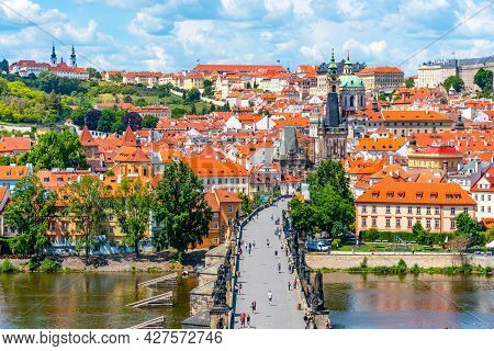 Prague Panorama With Charles Bridge Over Vltava River And Lesser Town. View From Old Town Bridge Tow