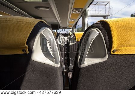 Empty Bus Seat Taken In An Modern Long Distance Coach Bus, With Nobody Inside, On An Intercity Trave