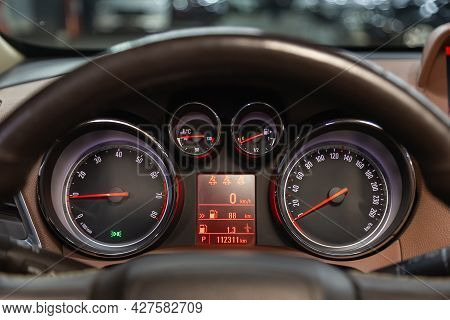 Novosibirsk, Russia - July 15, 2021:   Opel Mokka, Car Panel, Digital Bright Speedometer, Odometer A