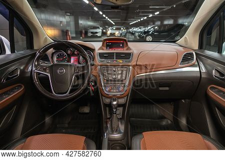 Novosibirsk, Russia - July 15, 2021:   Opel Mokka, Steering Wheel, Shift Lever, Multimedia  Systeme,