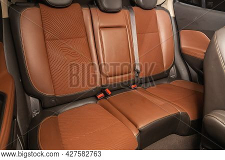 Novosibirsk, Russia - July 15, 2021:   Opel Mokka, Clean Car Interior. Brown   Leather  Back Seats