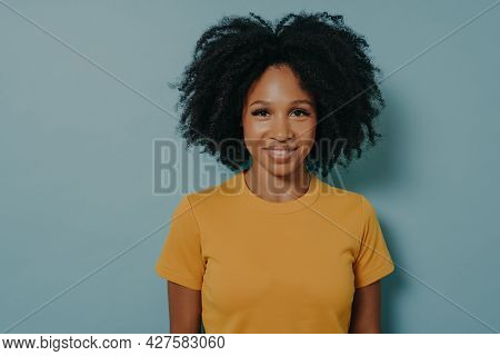 Waist Up Portrait Of Cheerful Young Mixed Race Woman With Curly Hair Posing In Studio With Happy Smi