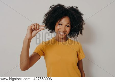 Cheerful Smiling African American Woman Gestures Small Size With Fingers, Asks For Little Bit Time, 