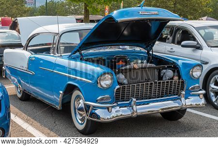 Homestead, Pennsylvania, Usa July 21, 2021 A Two Toned Blue And White 1955 Chevrolet Bel Air Coupe W