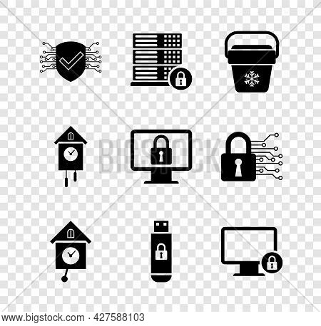 Set Cyber Security, Server With Lock, Cooler Bag, Retro Wall Watch, Usb Flash Drive And Lock On Moni