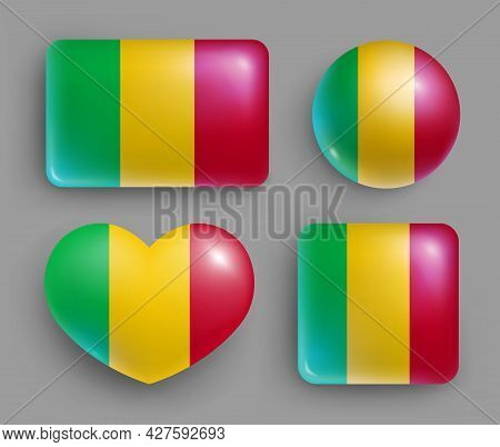 Set Of Glossy Buttons With Mali Country Flag. Western Africa Republic National Flag, Shiny Geometric