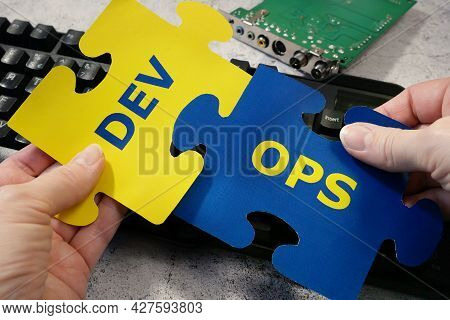 Keyboard Sticker Devops. Devops Concept For Software Engineering Culture And Practice Of Software De
