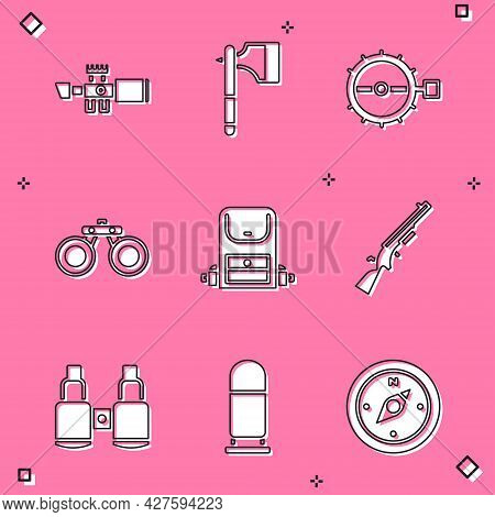 Set Sniper Optical Sight, Wooden Axe, Trap Hunting, Binoculars, Hiking Backpack, Shotgun, And Bullet