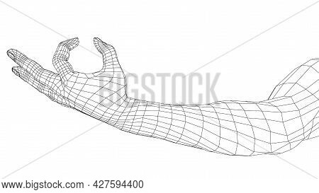 Hand Hold Some Tiny Or Thin Object. Vector Rendering Of 3d. Wire-frame Style. Hand Hold Somethin