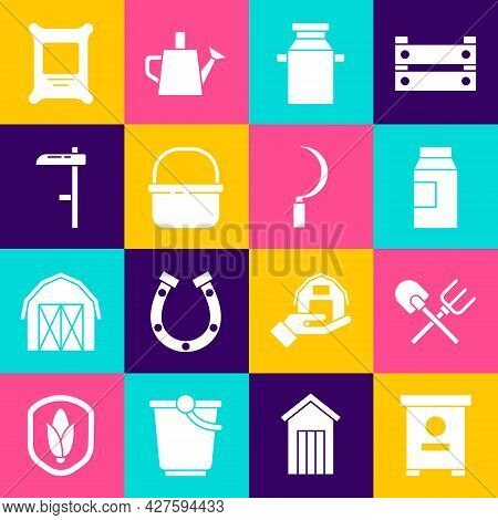 Set Hive For Bees, Shovel And Rake, Paper Package Milk, Can Container, Basket, Scythe, Fertilizer Ba