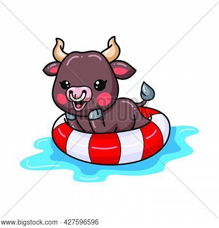 Vector Illustration Of Cute Baby Bull Cartoon Swimming On Pool Ring Inflatable