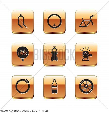 Set Bicycle Fork, Brake Disc, Sport Bottle With Water, Frame, Wheel And Icon. Vector