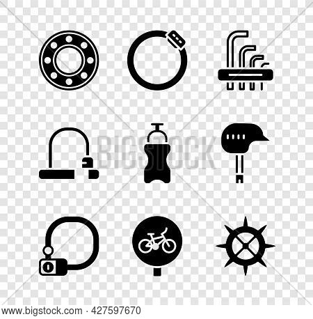 Set Bicycle Ball Bearing, Brake Disc, Tool Allen Keys, Lock, Sprocket Crank, And Sport Bottle With W
