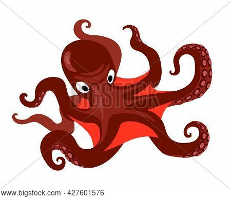 Red Angry Attacking Octopus With Tentacles, Deep Water Creature, Sea Devil, Color Vector Illustratio