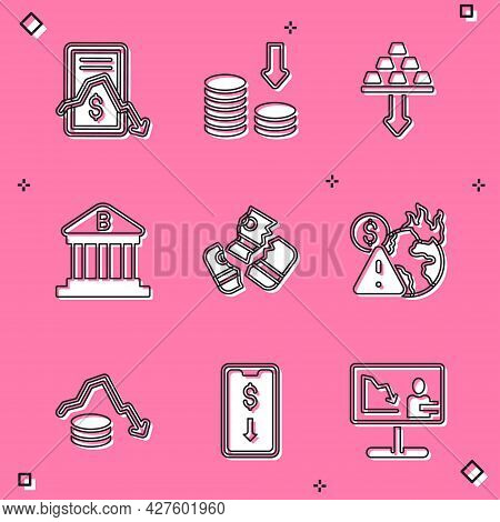Set Mobile Stock Trading, Dollar Rate Decrease, Gold Bars, Bank Building, Credit Card, Global Econom