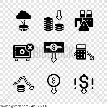 Set Storm, Dollar Rate Decrease, Shutdown Of Factory, Safe And Icon. Vector