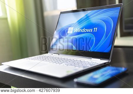 June 23, 2021. Barnaul, Russia. View Of The New Microsoft Windows 11 Logo On Computer Screen