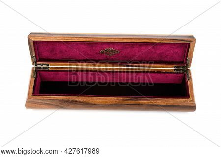 Empty Open Wooden Jewelry Box With Velvet Lining And Vintage Accessories And Clipping Pathon White B