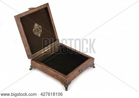 Empty Open Wooden Jewelry Box With Velvet Lining And Vintage Accessories And Clipping Pathon White B