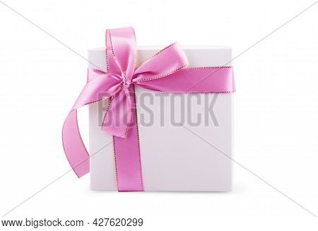 Gift Box With Silver Ribbon Bow And Blank Tag Isolated Over White Background