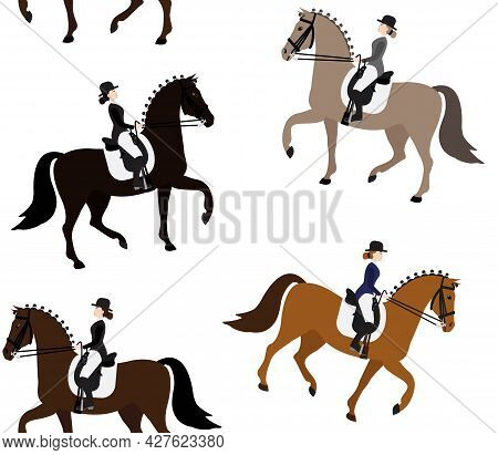 Vector Seamless Pattern Of Flat Cartoon Woman Girl Riding Dressage Horse Isolated On White Backgroun