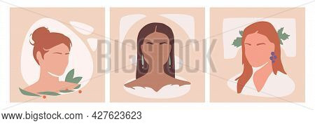 Set Of Three Elegant Hand-drawn Female Silhouettes In Minimalistic Flat Style. Vector Ladies In Past