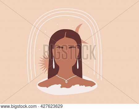 Abstract Hand-drawn Beautiful African American Woman With Silver Jewelry. Flat Vector Illustration W