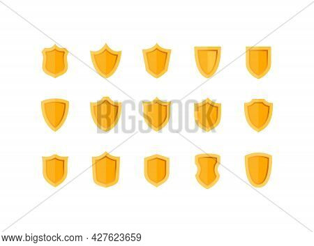 A Set Of Bright Yellow Shields In Flat Style. Simple Design Elements Of Different Shapes With Shadow