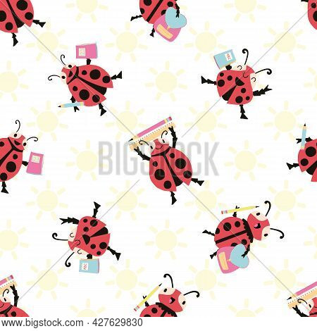 Ladybug Back To School Vector Seamless Pattern Background. Fun Cartoon Kawaii Ladybird Characters Wi