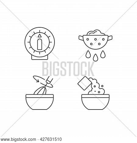 Food Preparation Linear Icons Set. Itchen Timer. Drain Excess Water Or Oil. Stir With Whisk. Recipe 
