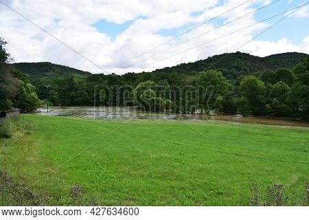 Flooded Grassland In The Eifel During Summer Flood 2021