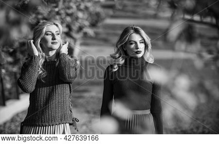 Autumn Park. Pleated Trend. Girls In Corrugated Skirt And Sweater. Female Beauty. Real Femininity. A
