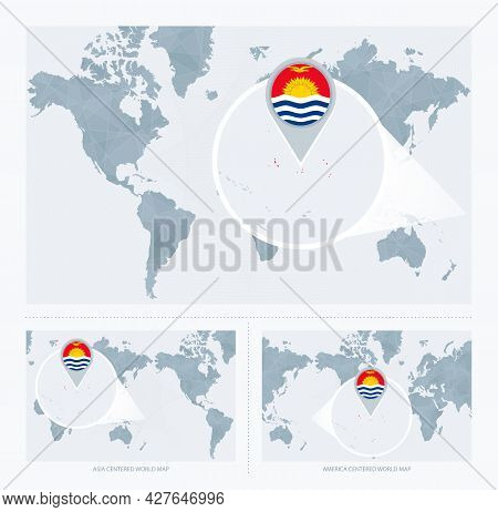 Magnified Kiribati Over Map Of The World, 3 Versions Of The World Map With Flag And Map Of Kiribati.