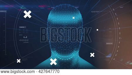 Image of white crosses over global network, digital head interface, and green moon and landscape. communication, medical technology, and digital interface concept, digitally generated image.