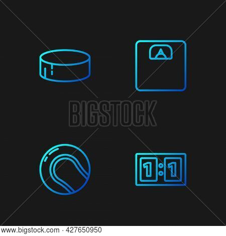 Set Line Sport Mechanical Scoreboard, Baseball Ball, Hockey Puck And Bathroom Scales. Gradient Color