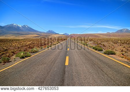 Empty Desert Road In The Los Flamencos National Reserve, Antofagasta Region, Northern Chile, South A