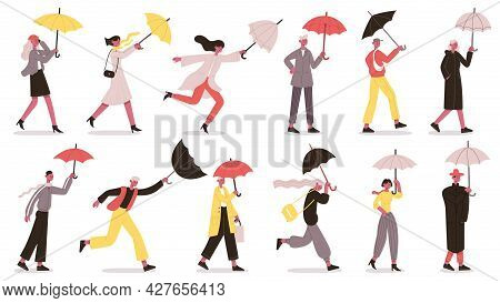 Characters Walking Under Umbrella. People With Umbrella In Autumn Rainy Day, Fall Wet Weather Vector