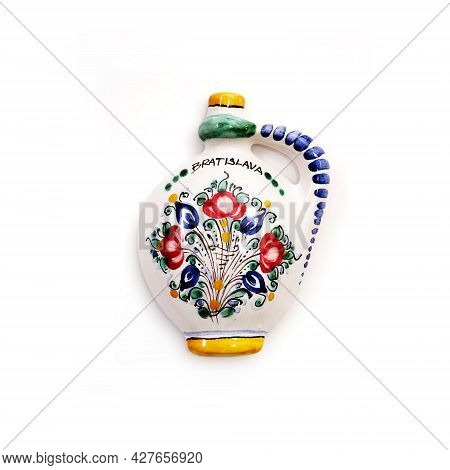 Magnetic Souvenir From Slovakia In The Form Of A Pitcher With A National Ornament Isolated On White 