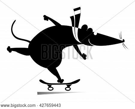 Cartoon Rat Or Mouse A Skateboarder Isolated Illustration. 
Funny Rat Or Mouse Skatting. Active Life