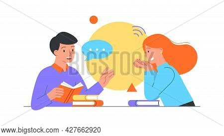 Storytelling Concept. Man Tells A Friend An Interesting Story From A Book. Character Listens Careful