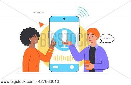 Voice Assistant Concept. Equalizer Sound Waves On The Smart Phone. Man And Woman Ask Questions To A 
