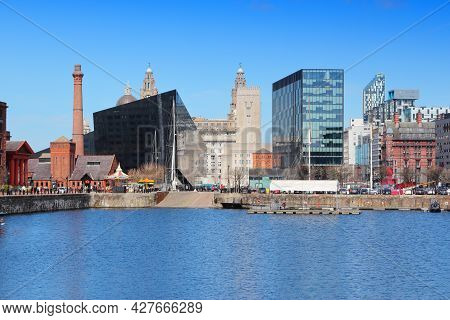 Liverpool City Skyline Seen From Salthouse Dock. Liverpool Uk.