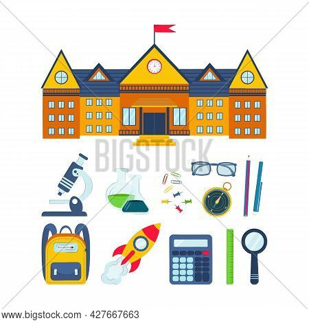 School Supplies On A White Background. Vector Illustration. Back To School Concept. Objects For High