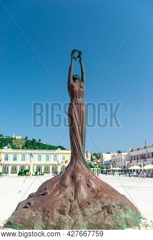 Zakinthos, Greece  - June 13, 2019:  Female Sculpture In Solomos Square In Zakynthos, Greece